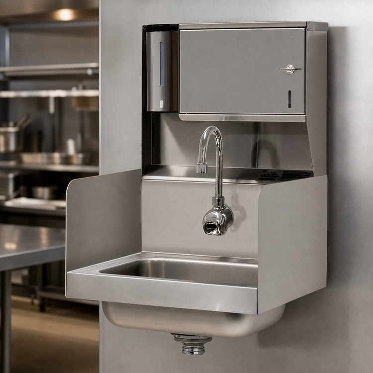 Product image #3 for Advance Tabco Wall-Mounted Hand Sink with Electronic Faucet, Soap & Towel Dispensers, Side Splashes, 14 x 10 x 5 Bowl