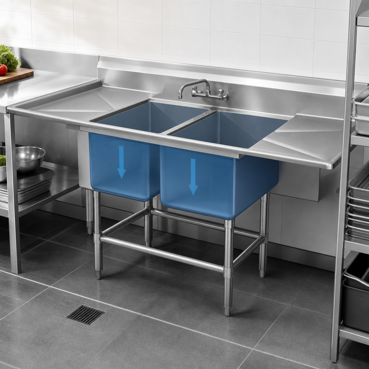 Product image #3 for Spec-Master FN Series Two-Compartment Stainless Steel Sink with Left and Right Drainboards, 24" x 24" x 14" Bowls, 100" Wide