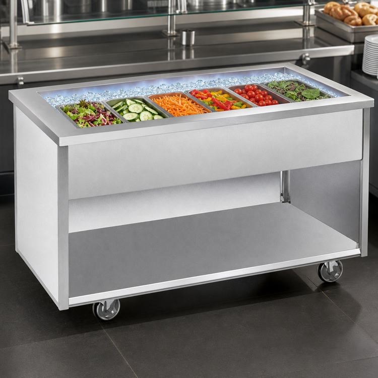 Product image #3 for Randell Custom & Serving Mobile Ice-Cooled 6-Pan Cold Food Table with Open Rear Base