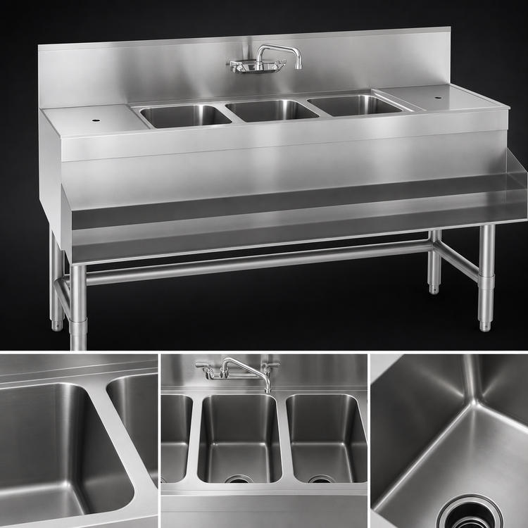 Product image #3 for Spec-Bar 3-Compartment Underbar Sink Unit with Left and Right Drainboards, 96-Inch, 304 Stainless Steel