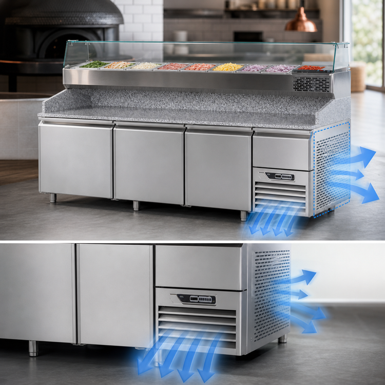 Product image #3 for Marra Forni Three-Section Refrigerated Pizza Prep Table with Granite Work Surface, Side-Mounted Self-Contained Refrigeration, 20 Cu. Ft.