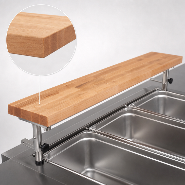 Product image #3 for John Boos 96-Inch Steam Table Cutting Board, Edge Grain Northern Hard Rock Maple, with Adjustable Stainless Steel Supports