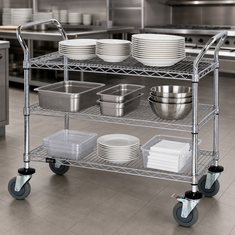 Product image #3 for Quantum WRSC-1848-3 48-Inch x 18-Inch 3-Shelf 304 Stainless Steel Wire Utility Cart