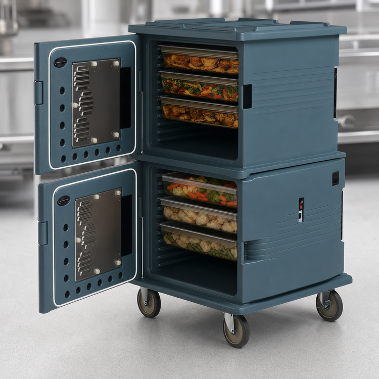 Product image #4 for Cambro Ultra Camcart H-Series Heated Front-Loading 2-Compartment Food Pan Carrier, Both Doors Heated, 110V, Granite Gray