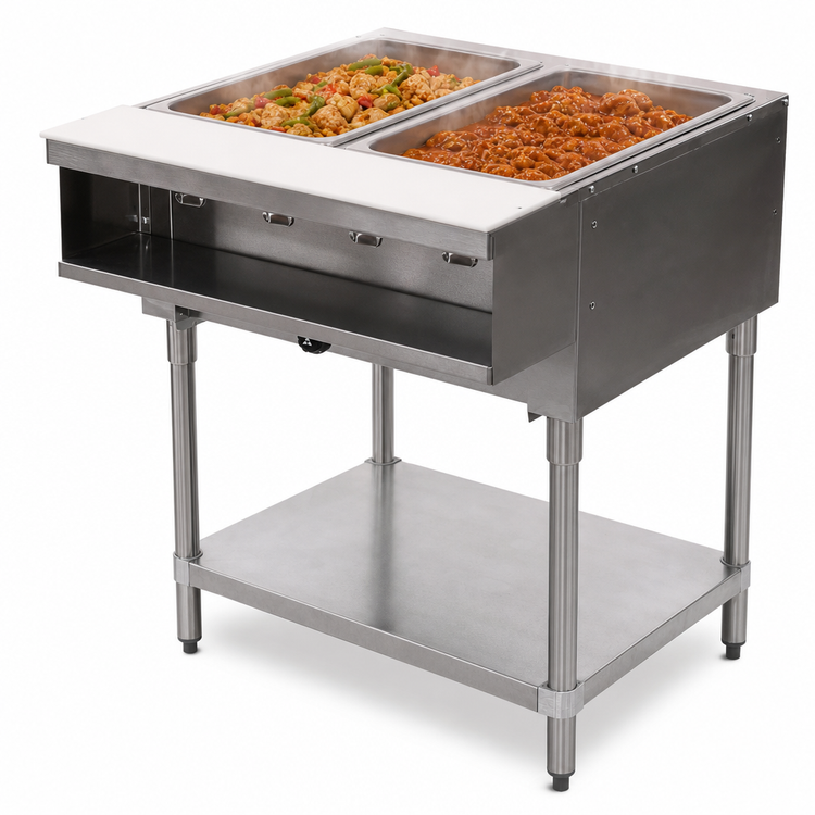 Product image #3 for Advance Tabco Triumph Supreme LP Gas 2-Well Water Bath Hot Food Table with Open Base and Undershelf