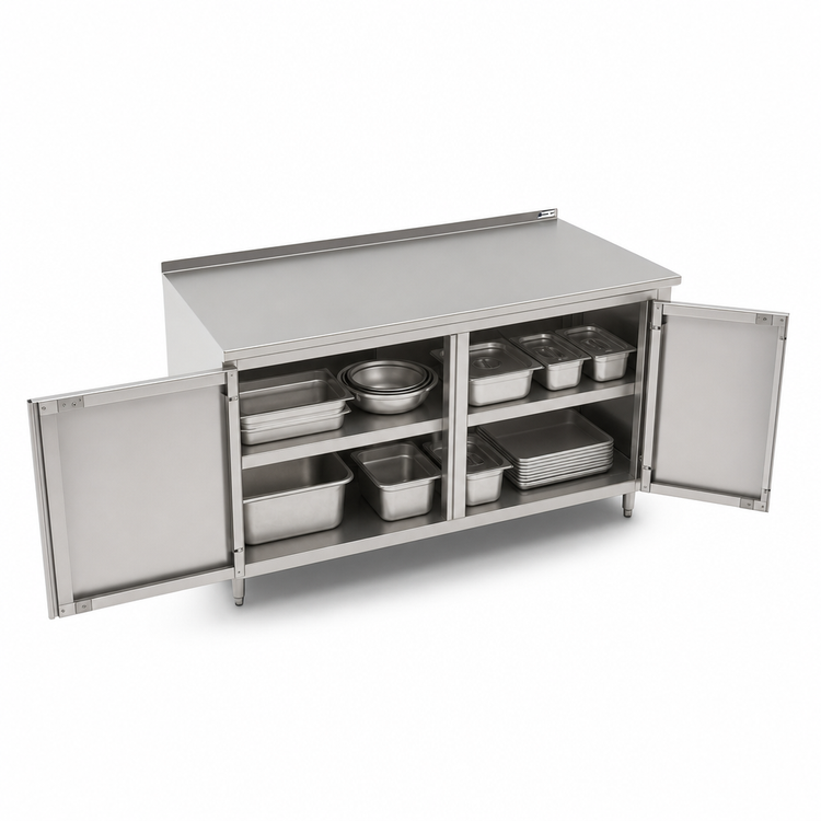 Product image #3 for 84-Inch Enclosed Cabinet Base Work Table with Hinged Doors, 16-Gauge Type 300 Stainless Steel Top and 1-1/2-Inch Rear Riser
