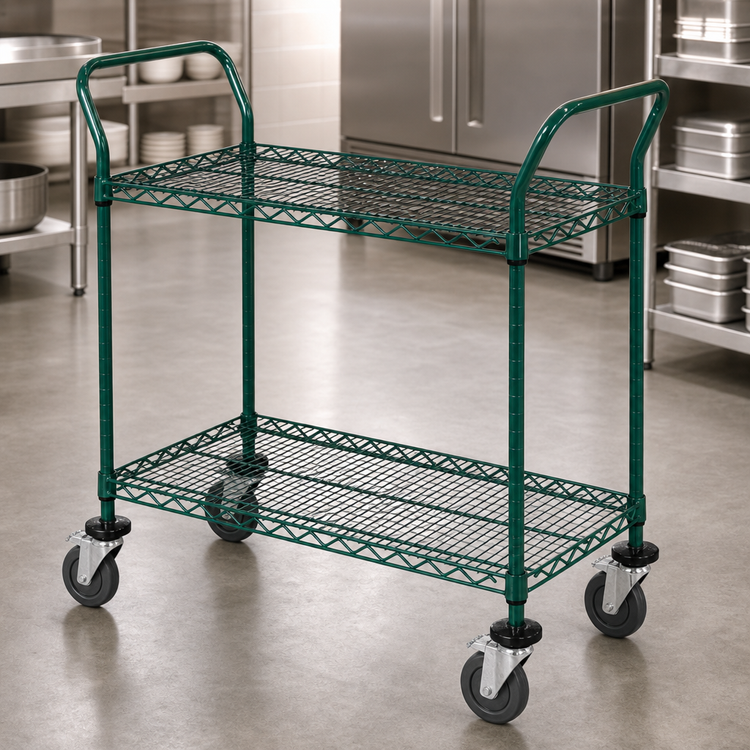 Product image #3 for Quantum 2-Shelf Wire Utility Bus Cart, 42 x 24 x 37-1/2 Inches, 1200 lb. Capacity, Green Epoxy Antimicrobial Finish
