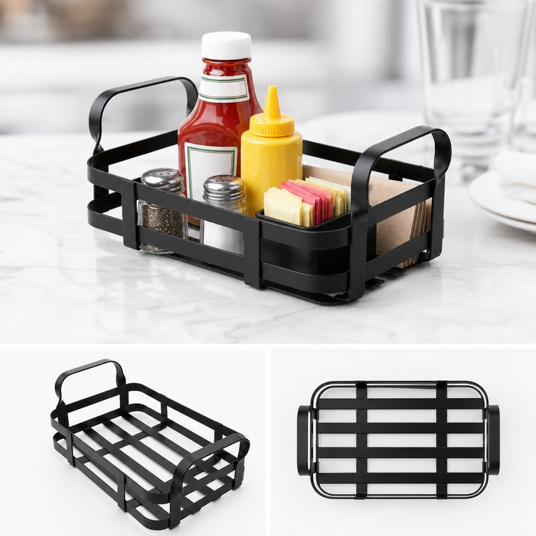 Product image #3 for American Metalcraft Rectangular Black Metal Condiment Rack with Handles, 9 x 6 x 3-1/2 Inches