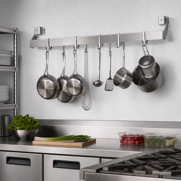 Product image #3 for John Boos 120-Inch Wall-Mount Single-Bar Stainless Steel Pot Rack with 10 Double Hooks