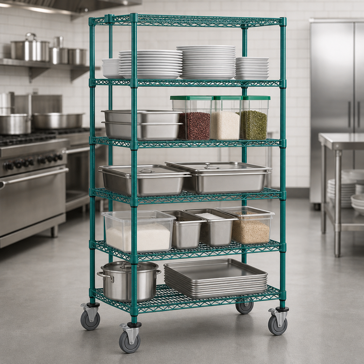 Product image #3 for Quantum 48"W x 24"D x 69"H Mobile Wire Shelving Cart with 5 Shelves, Green Epoxy Antimicrobial Finish