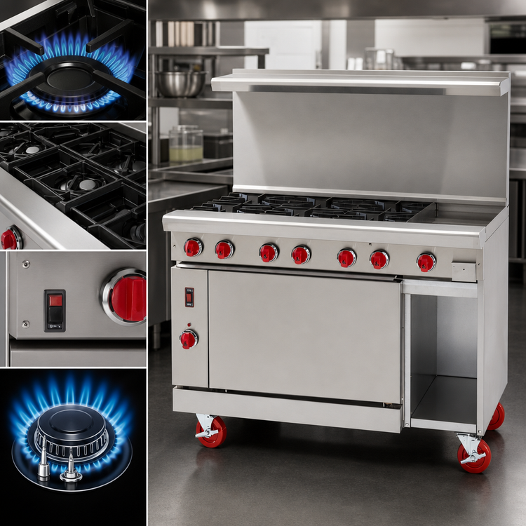 Product image #3 for American Range Green Flame 48-Inch Commercial Gas Range with 8 Open Burners, 26-1/2-Inch Left Convection Oven, and Right Storage Base