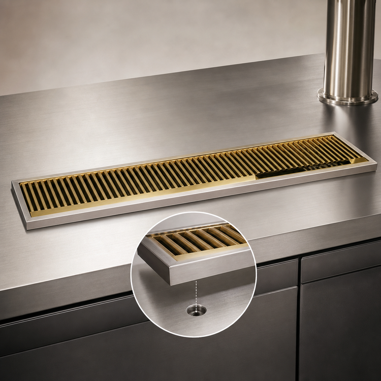 Product image #3 for 30-Inch Surface Mount Stainless Steel Drip Tray with PVD Brass Grid