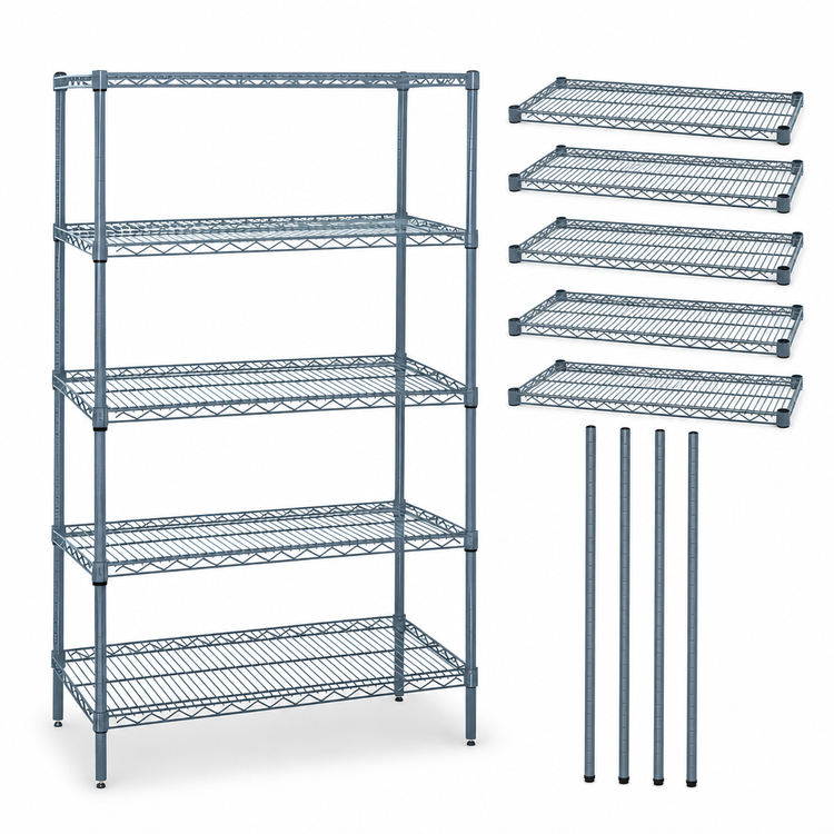 Product image #3 for Quantum Wire Shelving Starter Kit, 60"W x 12"D x 74"H, 5 Shelves, Gray Epoxy Antimicrobial Finish