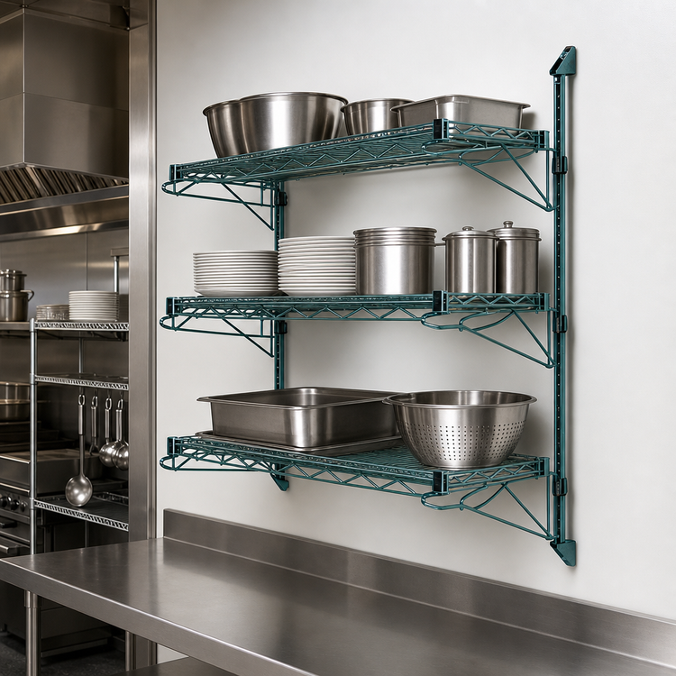 Product image #3 for Quantum Wall-Mounted Cantilever Wire Shelf Starter Unit with 3 Wire Shelves and 54-Inch Posts