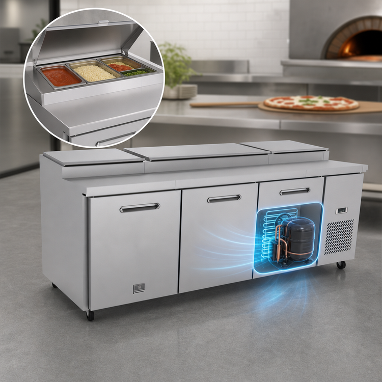 Product image #3 for Kelvinator Commercial KCHPT92.12 3-Door Self-Contained Pizza Prep Table, 94-3/16-Inch Wide, 32 Cu. Ft.