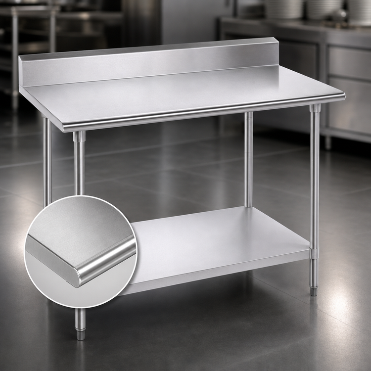 Product image #3 for Advance Tabco Premium Series 72 x 36 Inch Stainless Steel Work Table with 5-Inch Backsplash, 14-Gauge 304 Top, and Adjustable Undershelf