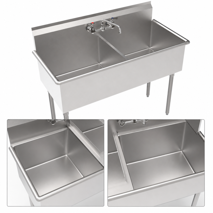 Product image #3 for Krowne Royal Series 2-Compartment Basin Sink with Splash-Mount Faucet, 24" x 21" x 13" Deep Bowls, 51" Wide