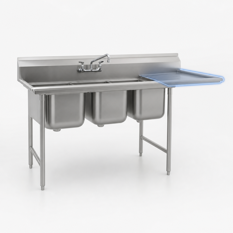 Product image #3 for Eagle Group 414 Series Coved Corner Three-Compartment Sink with Right-Hand 18-Inch Drainboard, 24 x 24 x 13-1/2-Inch Compartments