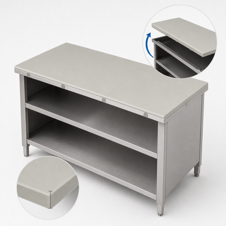 Product image #3 for John Boos 60" x 30" 3/4" Reversible Poly Top Work Table with Open Front Stainless Steel Cabinet Base