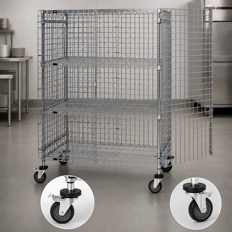 Product image #3 for Quantum Mobile Security Cage Shelving Unit with 2 Intermediate Shelves, 60 Inch W x 24 Inch D x 69 Inch H, Chrome Finish
