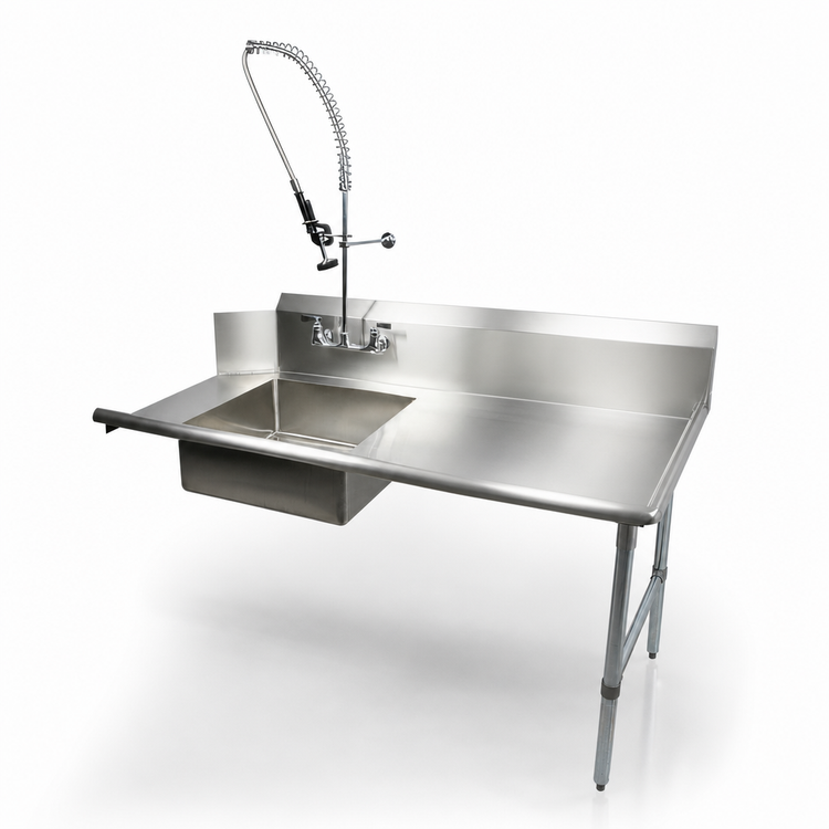 Product image #3 for BK Resources 26-Inch Straight Left-Hand Soiled Dish Table with 20 x 20 x 8 Sink and Pre-Rinse Faucet
