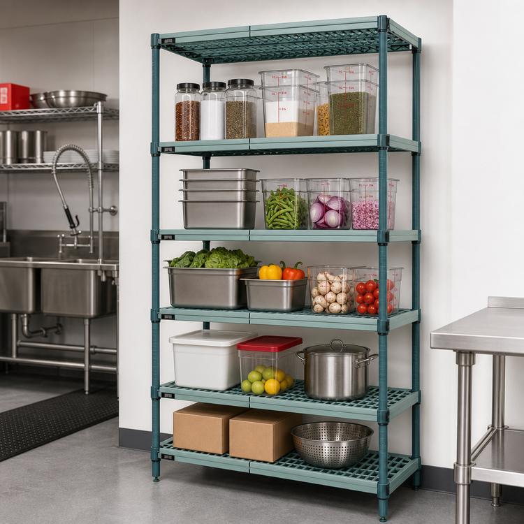 Product image #3 for Quantum 5-Tier Stationary Wire Plastic Mat Shelving Unit, 42W x 21D x 86H, Green Epoxy Antimicrobial