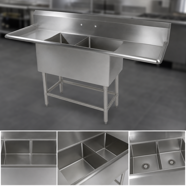 Product image #3 for John Boos Pro-Bowl 2-Compartment Stainless Steel Commercial Sink with Left and Right Drainboards