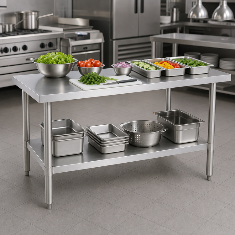 Product image #3 for 60-Inch x 24-Inch 18-Gauge Stainless Steel Work Table with Galvanized Base and Adjustable Undershelf