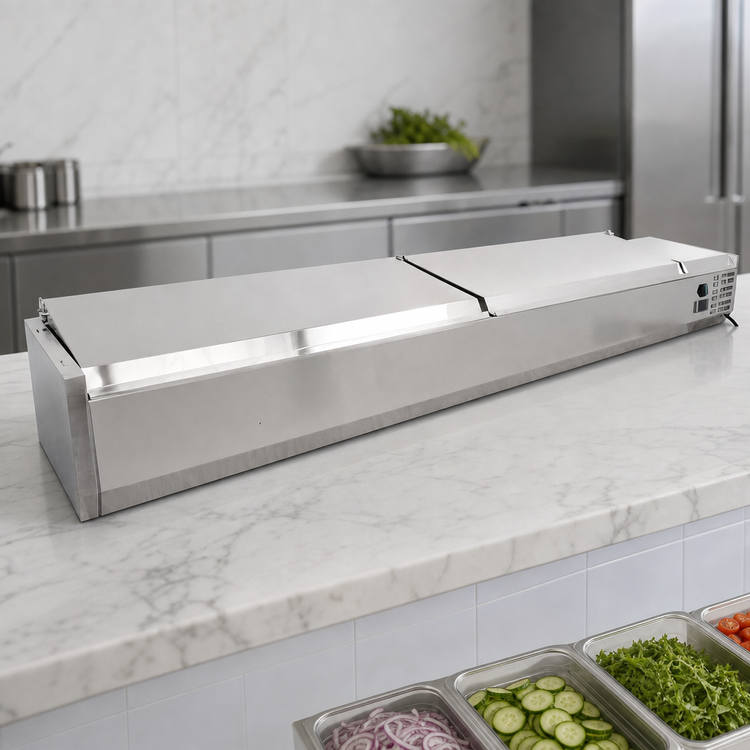 Product image #3 for Omcan 58-Inch Countertop Refrigerated Topping Rail with Stainless Steel Cover, 6-Pan Capacity