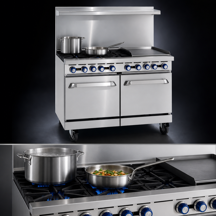 Product image #3 for Imperial Pro Series 48 Inch Gas Restaurant Range with 4 Open Burners, 24 Inch Griddle, and 2 Space Saver Ovens