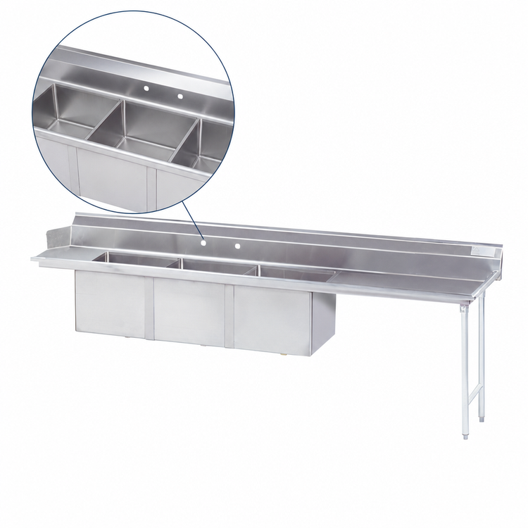 Product image #3 for Advance Tabco 107-Inch Straight 3-Compartment Sink Dishtable with Right-Hand Drainboard and 18" x 24" x 14" Bowls
