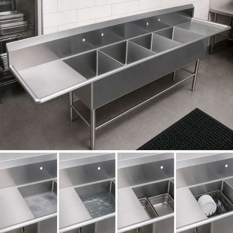 Product image #3 for John Boos Pro-Bowl 4-Compartment Floor Model Sink with Left and Right Drainboards, 16 Gauge Stainless Steel