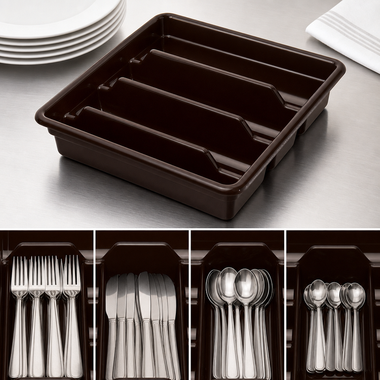 Product image #4 for Cambro Cambox Four-Compartment Cutlery Box, 11-3/8 x 20-1/16 x 3-3/4 Inches, Dark Brown