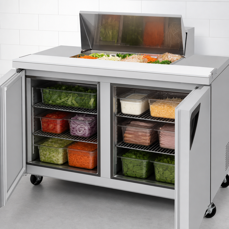 Product image #3 for Turbo Air Super Deluxe 60-1/4 Inch Two-Section Sandwich/Salad Prep Table Refrigerator with 8-Pan Top and 2 Solid Doors