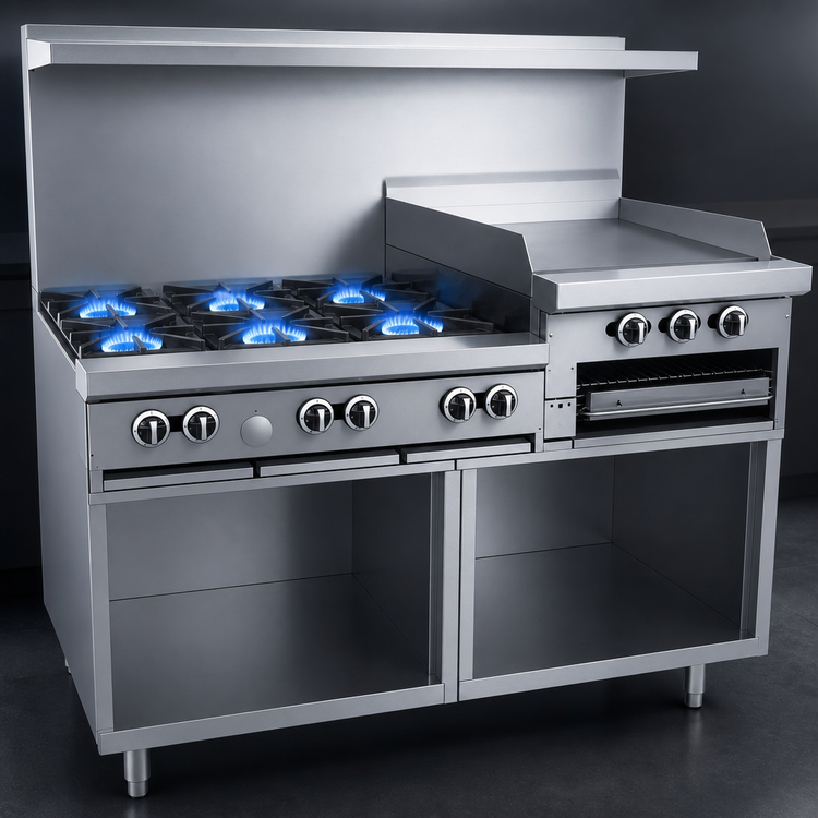 Product image #3 for Garland G Starfire Pro 60-Inch Commercial Raised Griddle/Broiler Gas Range with 6 Open Burners and Double Storage Base