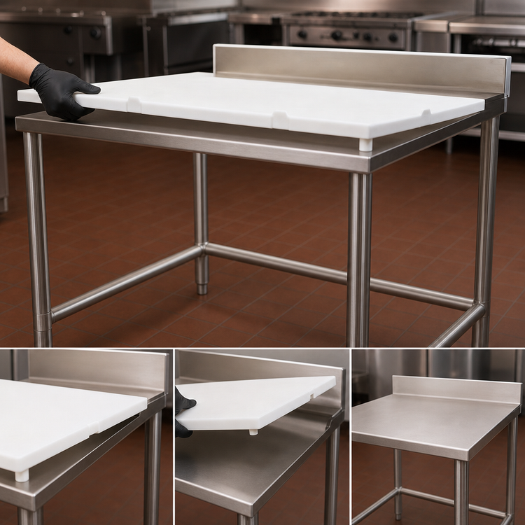 Product image #3 for 36-Inch x 30-Inch Poly Top Boning Table with Removable Poly Board, Stainless Steel Tubular Base, and 4-Inch Backsplash