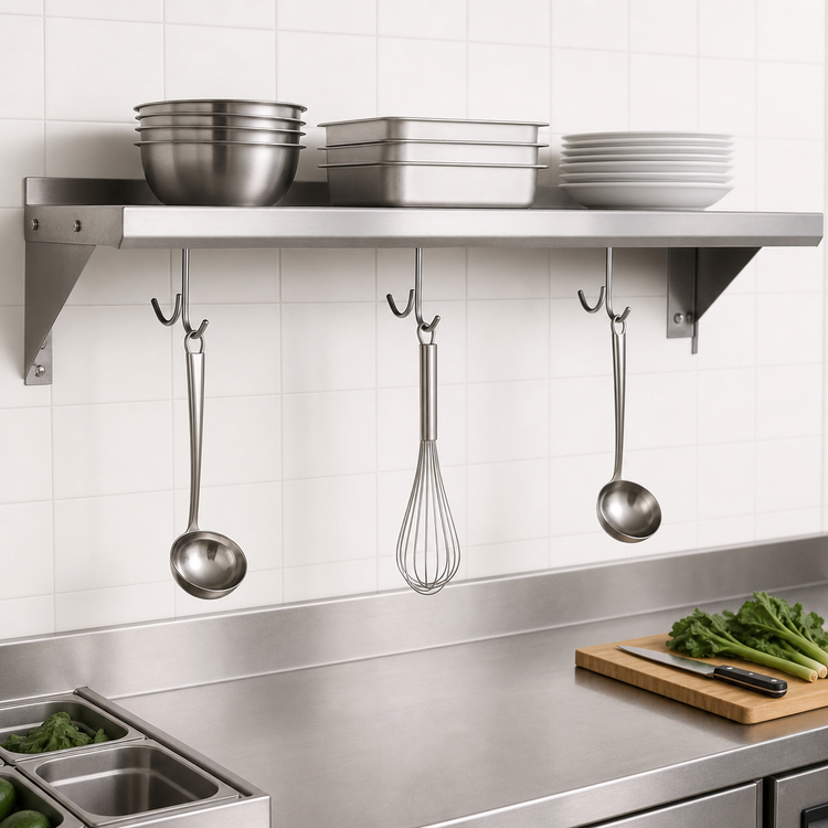 Product image #3 for BK Resources Economy Wall-Mount Stainless Steel Overshelf with Pot Rack and Hooks, 24" W x 16" D