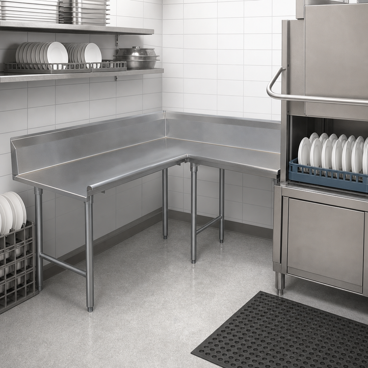 Product image #3 for Korner Clean L-Shaped Left-Hand Dish Table, 107 Inch, 10-1/2 Inch Backsplash, 16 Gauge 304 Stainless Steel