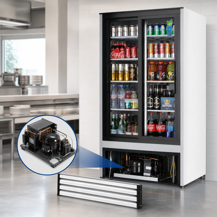 Product image #3 for Everest Refrigeration Two-Section Reach-In Sliding Glass Door Merchandiser Refrigerator, 33 Cu. Ft., Bottom-Mounted Self-Contained