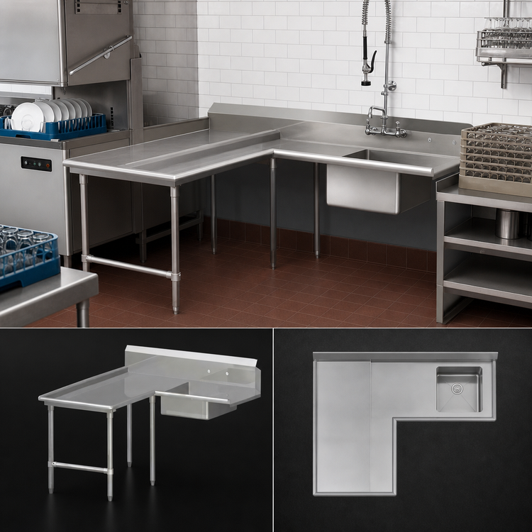 Product image #3 for John Boos Pro-Bowl L-Shaped Island Soiled Dishtable with Pre-Rinse Sink Bowl, 60" x 84", Left-to-Right Operation