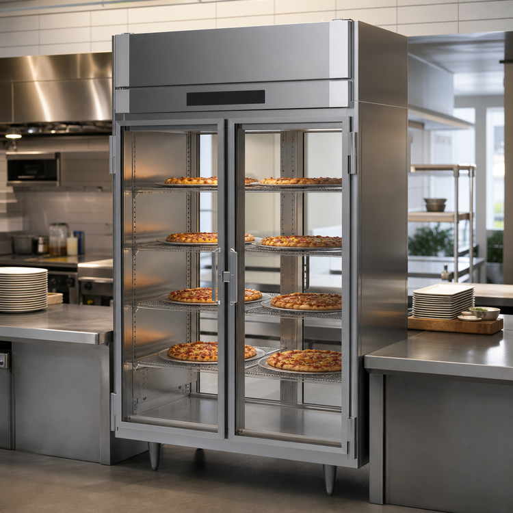 Product image #3 for Victory UltraSpec 2-Section Pass-Thru Heated Pizza Holding Cabinet with Glass Doors, 48 Cu. Ft.
