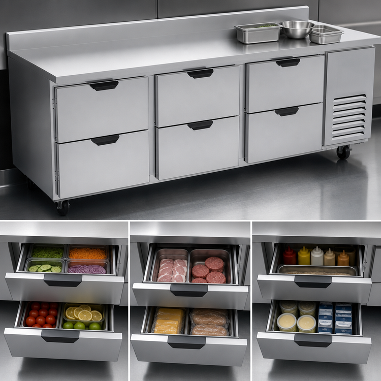 Product image #3 for Beverage-Air Three-Section 93-Inch Wide Worktop Refrigerator with 6 Drawers and Rear Splash