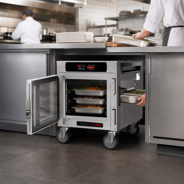 Product image #4 for Metro HotBlox Narrow 4-Pan Pass-Thru Undercounter Heated Holding Cabinet with Digital Touchscreen, Clear Front and Solid Rear Doors