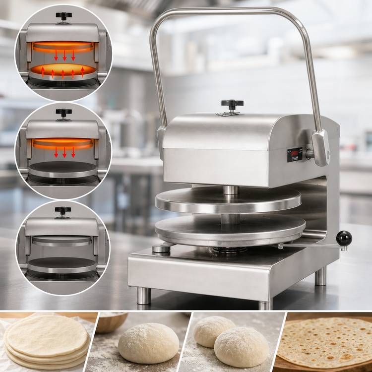 Product image #4 for DoughXpress 18-Inch Commercial Manual Dual-Heat Tortilla/Pizza Dough Press, Stainless Steel