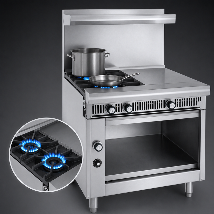 Product image #3 for Imperial Spec Series 36-Inch Heavy Duty Commercial Gas Range with 2 Open Burners and 2 Hot Tops, Open Cabinet Base