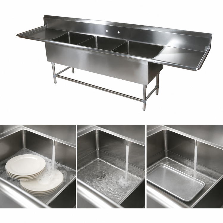 Product image #3 for John Boos Pro-Bowl 3-Compartment Stainless Steel Sink with Dual 30-Inch Drainboards, 123-1/4 Inch Wide