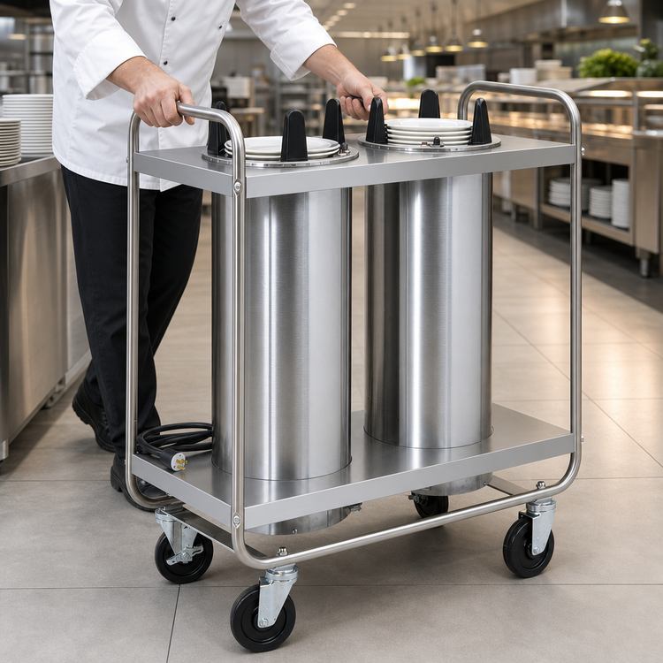 Product image #3 for Dinex Heated Mobile Plate Dispenser with Open Tubular Frame and Two Self-Elevating Tubes