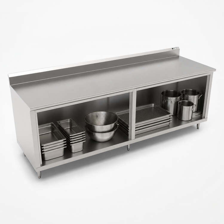 Product image #3 for John Boos 120" x 36" Stainless Steel Cabinet Base Work Table with Open Front and 5" Backsplash