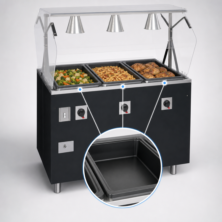 Product image #3 for Vollrath 2-Series Affordable Portable Deluxe 3-Well Mobile Hot Food Station with Breath Guard