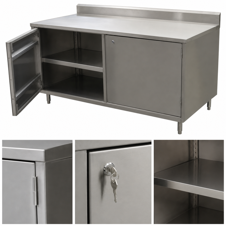 Product image #3 for BK Resources Stainless Steel Enclosed Work Table Cabinet Base with Hinged Locking Doors, 72 x 30 x 39-3/4 Inches, 5-Inch Backsplash